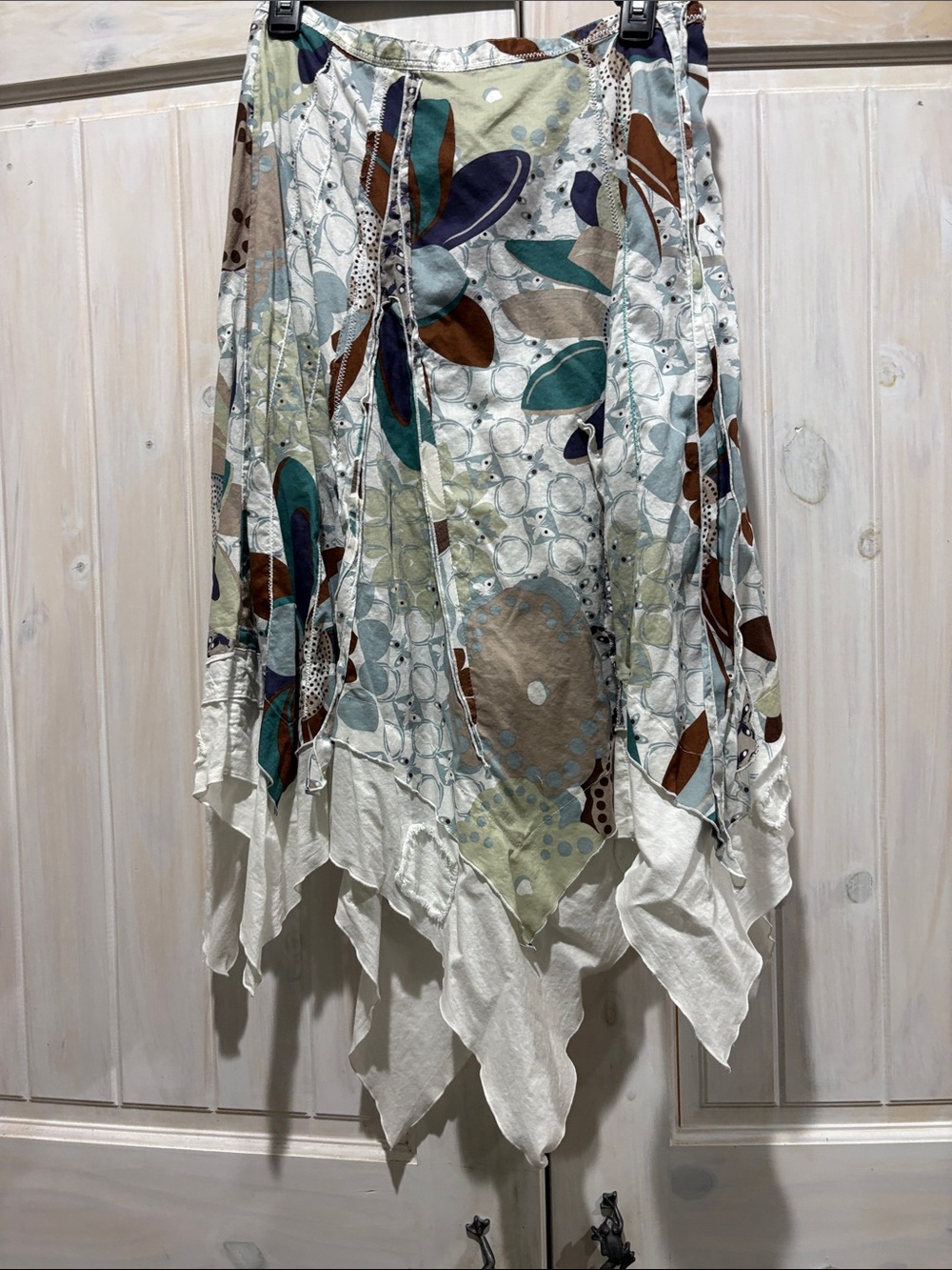 Animale Asymmetrical Handkerchief Hem Skirt in Cream with Teal & Brown Accents
